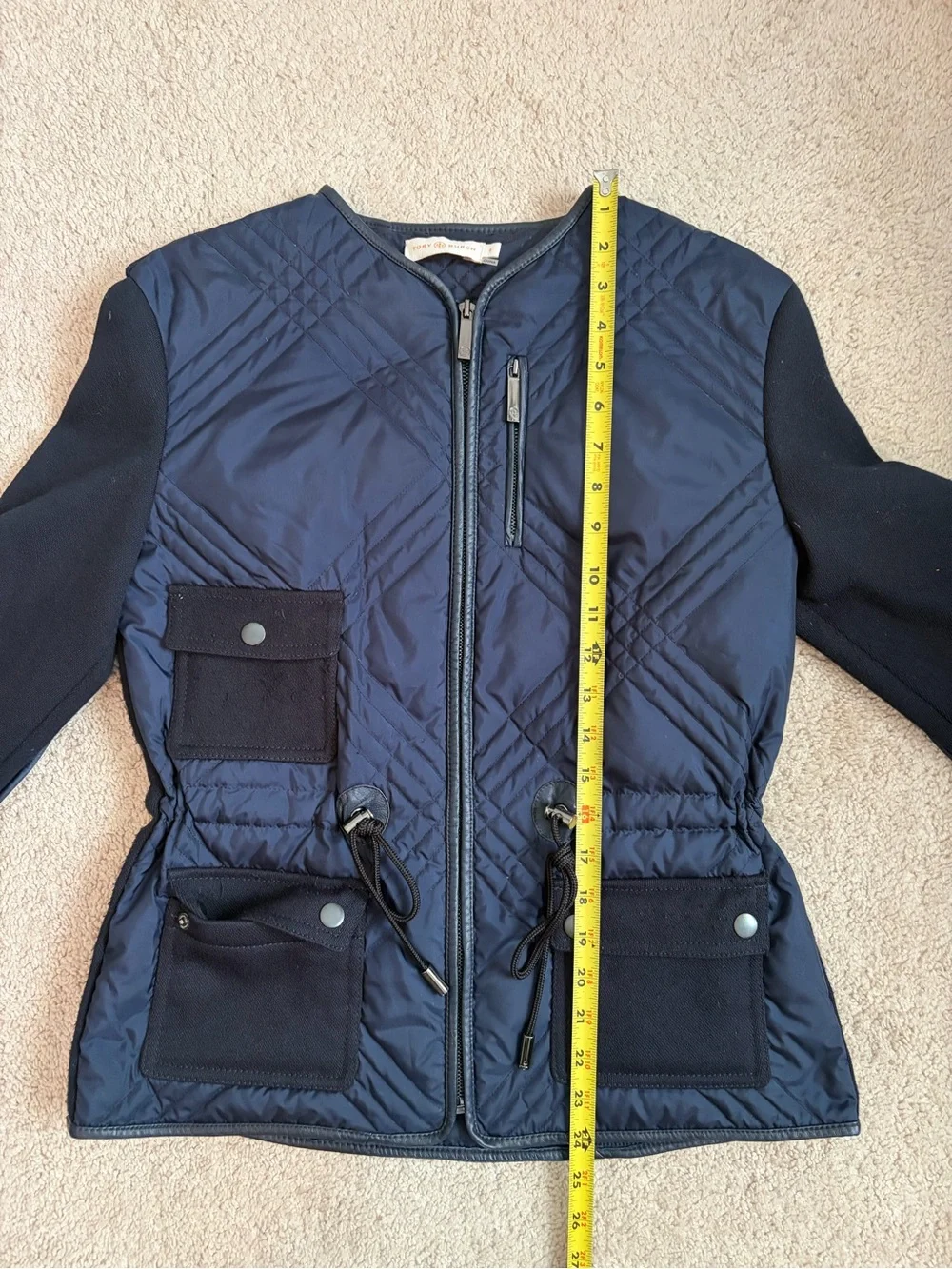 Tory Burch Hilary Quilted Tech Combo Bomber Jacket Navy Women's Size 0 Shaping